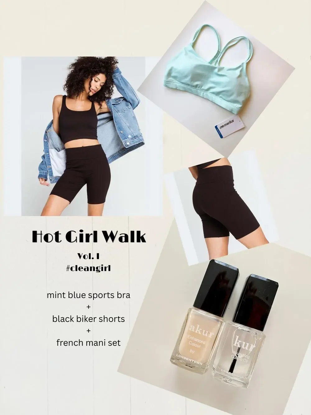 Clean Girl Aesthetic Hot Girl Walk Bundle Sports Bra Biker Shorts Nail Set 3 pcs
